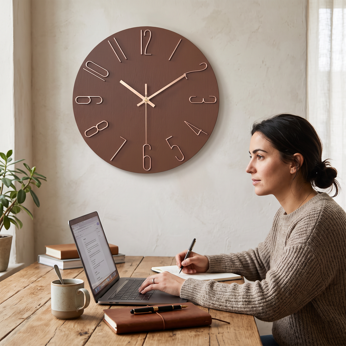 Aurum Silent Wall Clock with Gold Numerals - Brown