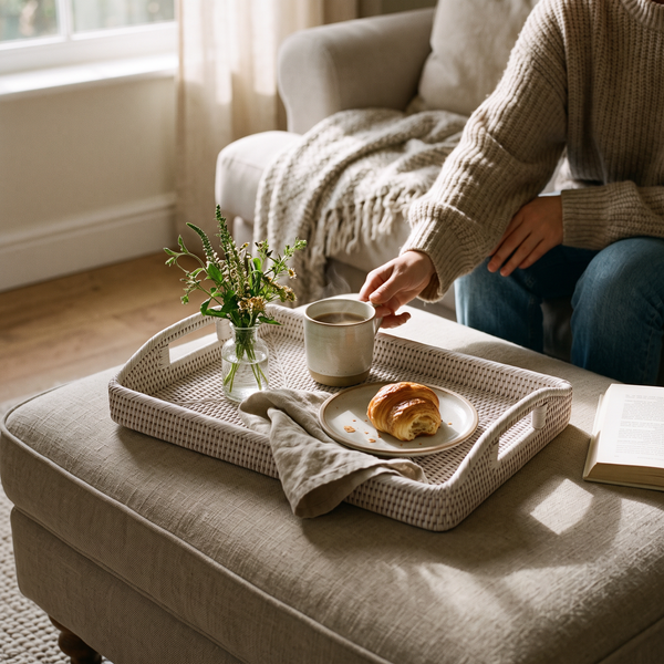 Decorative Tray for Coffee Table White Handwoven Rattan Rectangular Cutout Handles Ottoman Serving