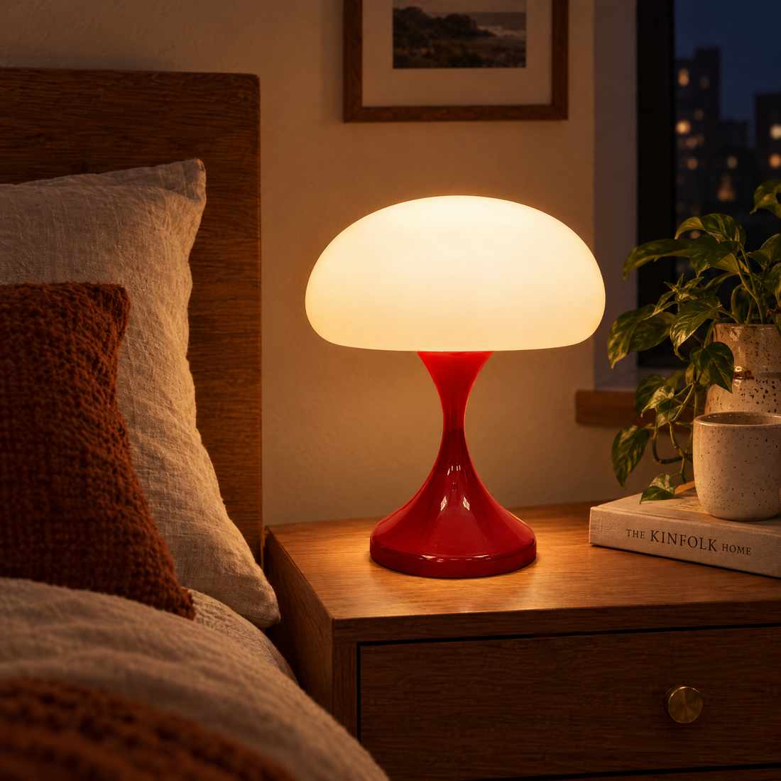 LED Table Lamp Mushroom Dome Shade Red Tulip Base Bedside Nightstand Desk Light
