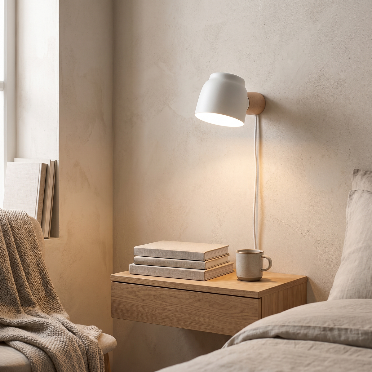 Nordic Plug-In Wall Sconce Dome Shade Wood Arm 3 Color Bedside Reading Light