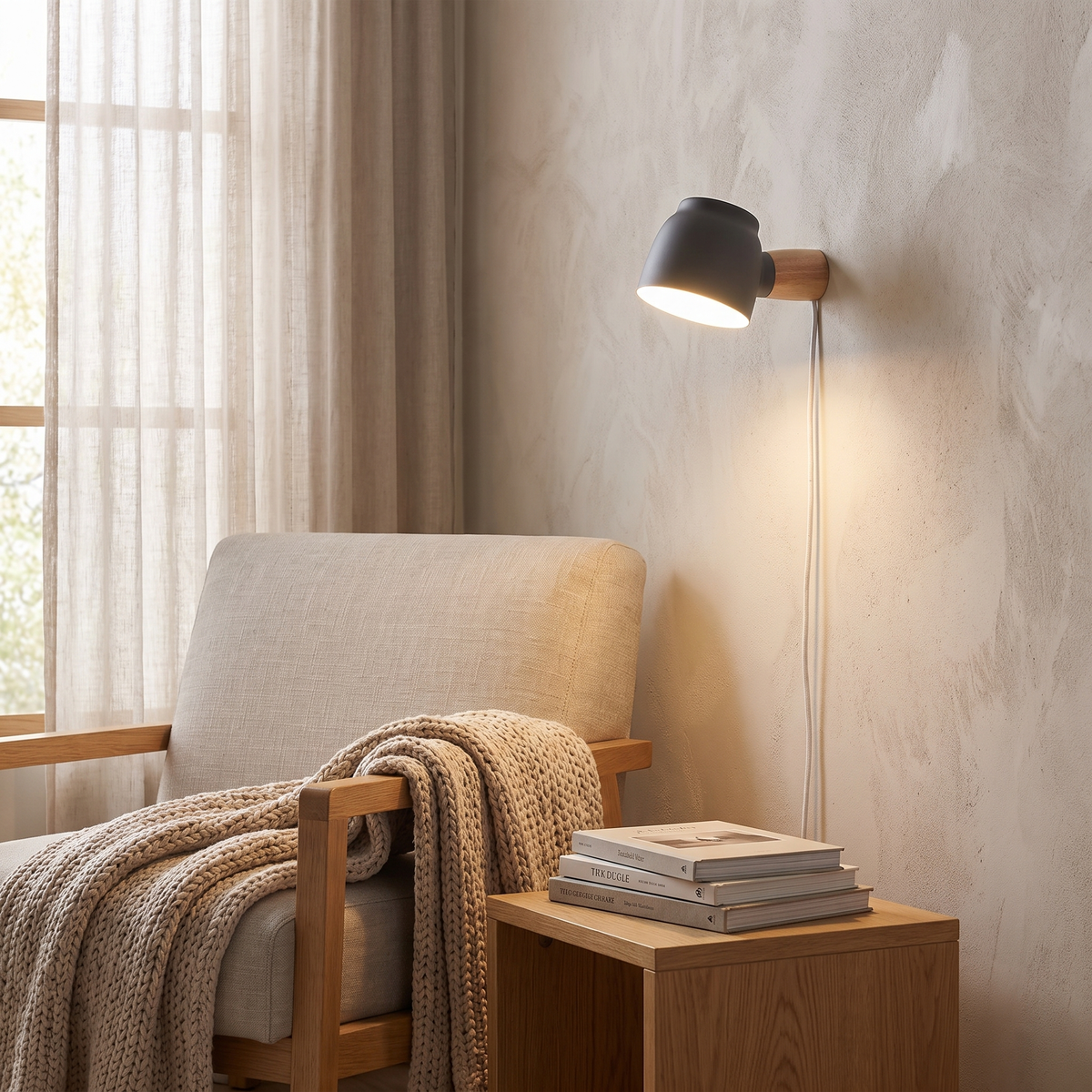 Nordic Plug-In Wall Sconce Dome Shade Wood Arm 3 Color Bedside Reading Light