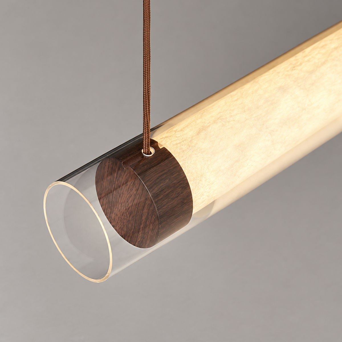 Transparent glass sleeve and recessed wood-tone end insert detail