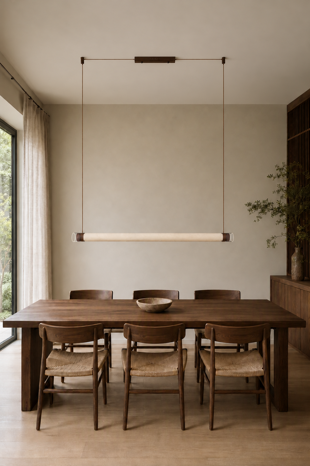 Wood-tone 59.1-inch natural-silk pendant above a long Japandi dining table, light off