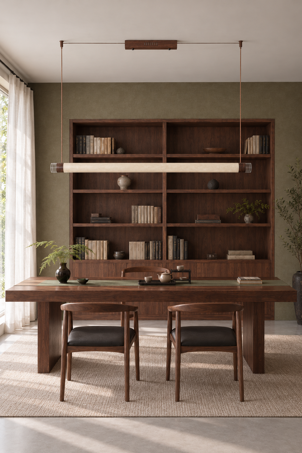 Frontal view of wood-tone natural-silk tube pendant in a tea study, aligned ceiling canopy and lamp