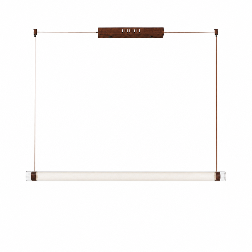 Complete wood-tone 59.1-inch natural-silk tube pendant, switched off on a white background