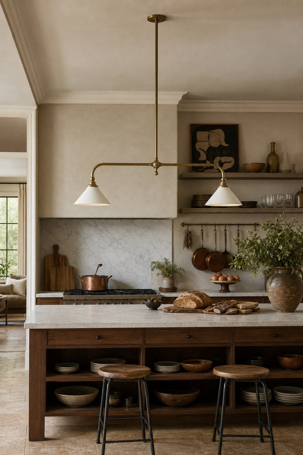Brass Chandelier 2-Light Linear White Cone Shades Ceiling Mount Kitchen Island