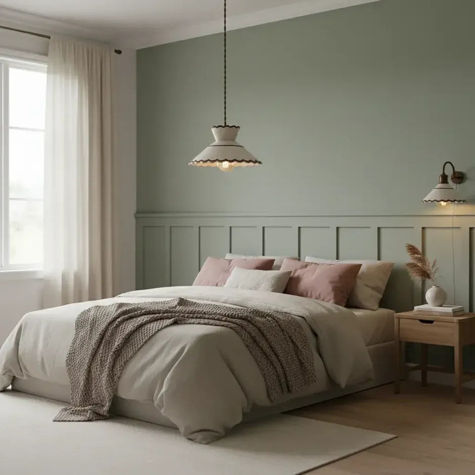 Mira cream ceramic pendant light beside a bed against a muted green wall