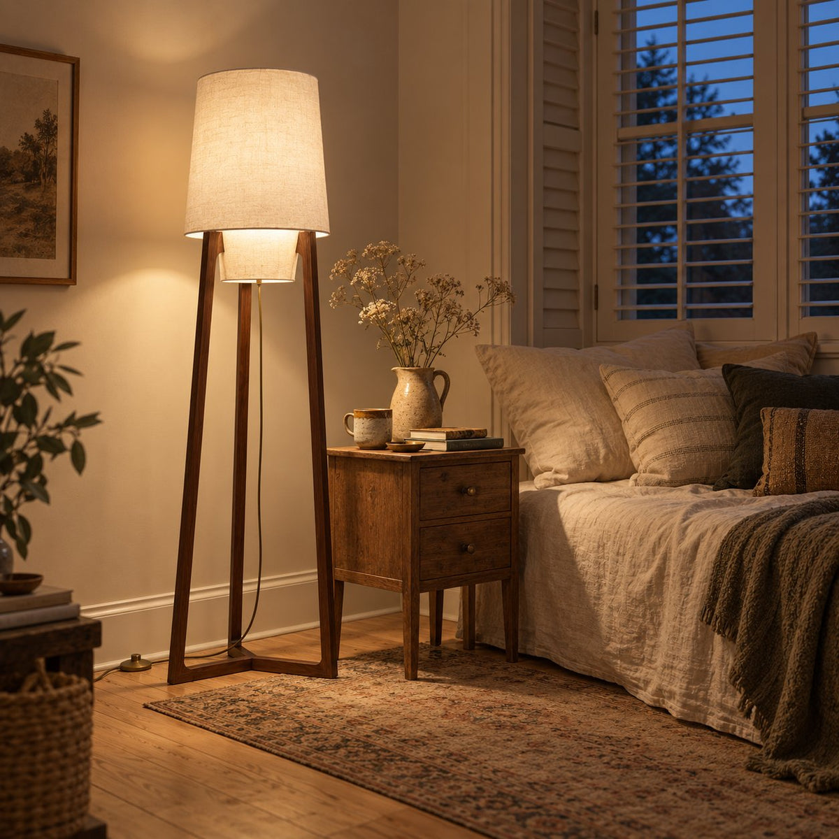 Morros tripod linen floor lamp in brown walnut, 165 cm, lit, beside a daybed in a guest room.