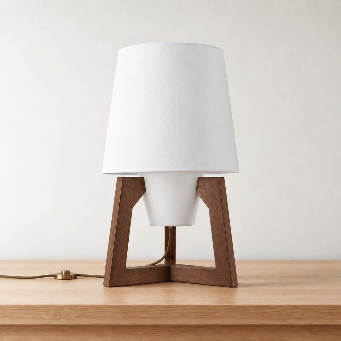 Tripod Floor Lamp Walnut Wood Linen Drum Shade Mid-Century Living Room Lighting