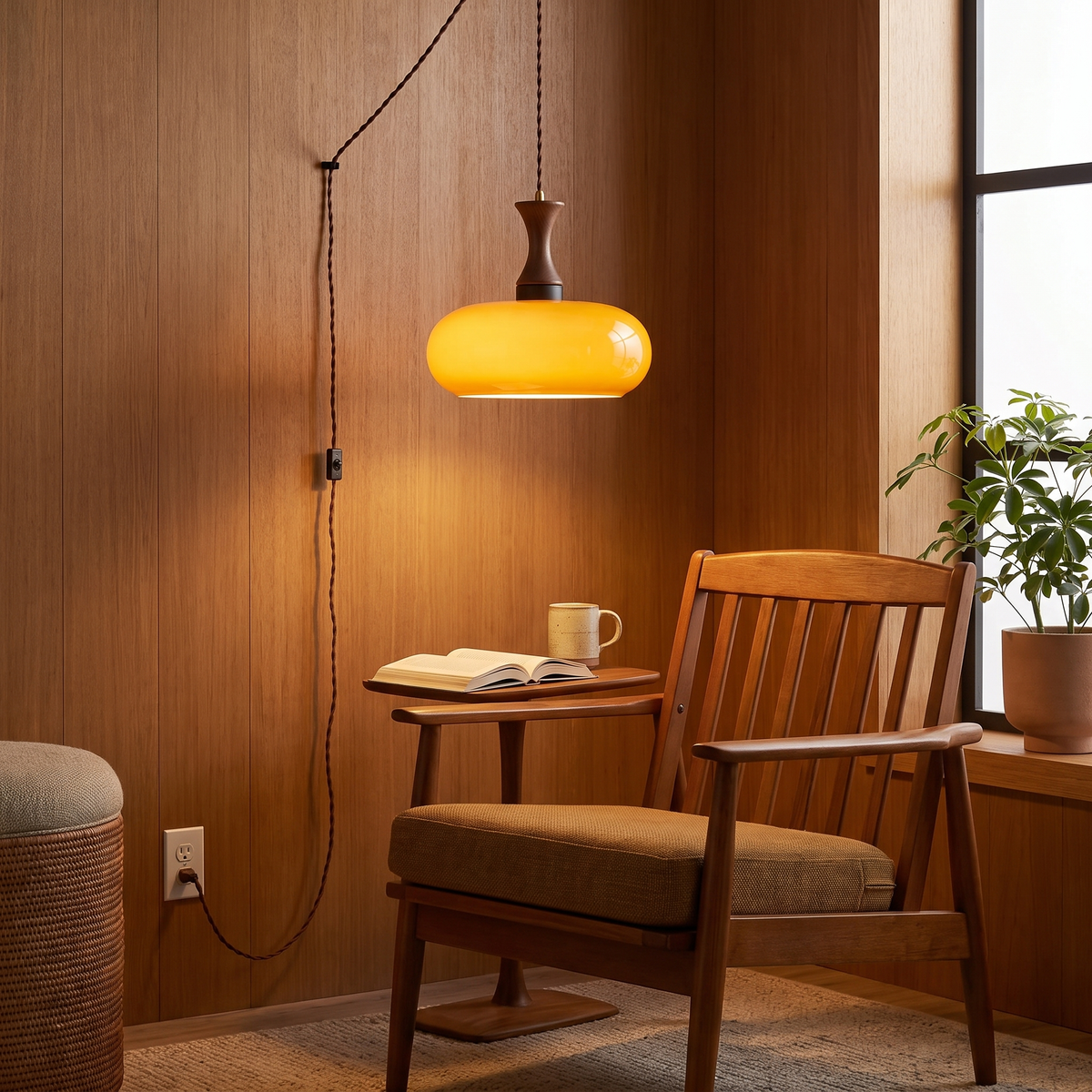 Plug-In Pendant Lamp Oval Glass Shade Wood Accent Dimmer Switch Hanging Light