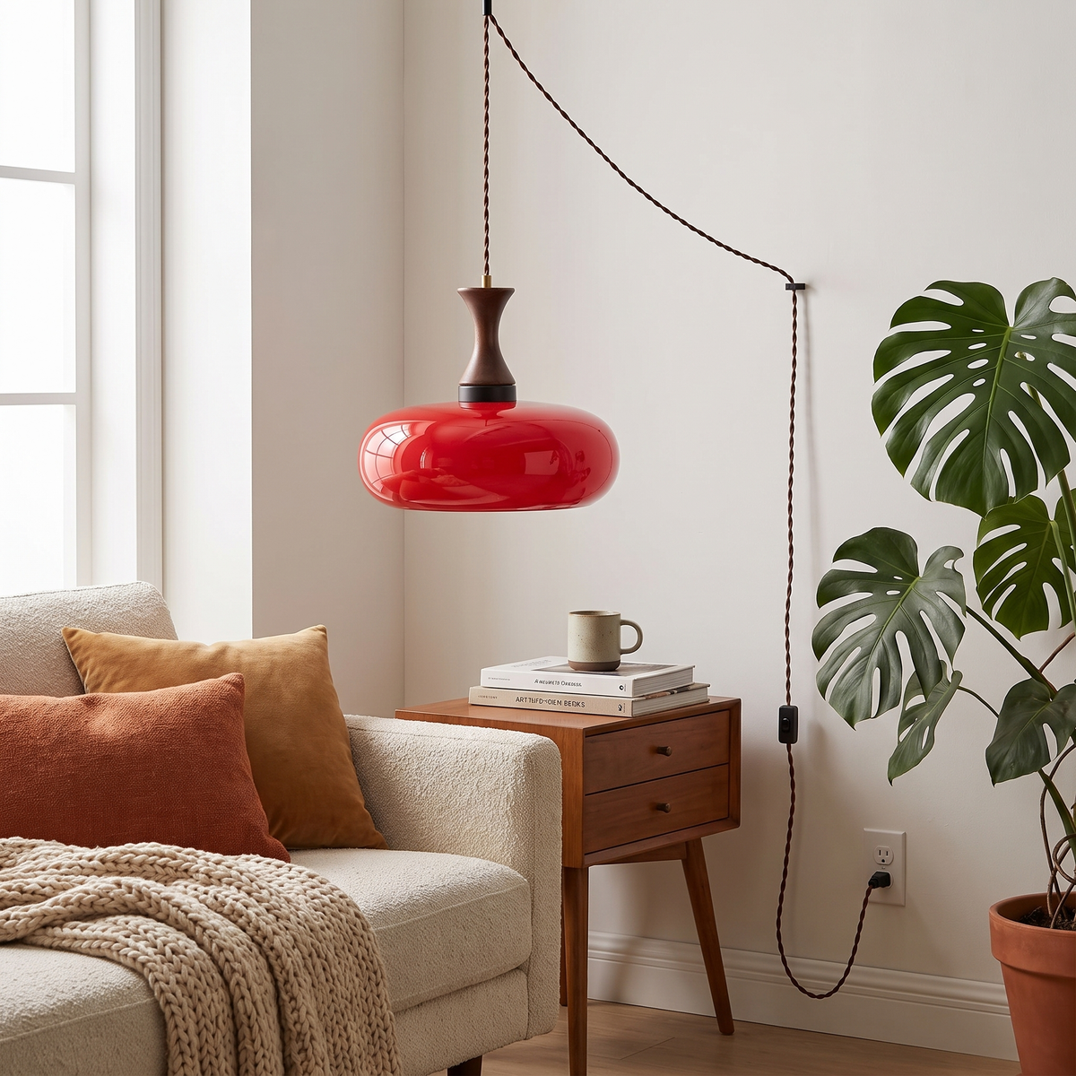 Plug-In Pendant Lamp Oval Glass Shade Wood Accent Dimmer Switch Hanging Light