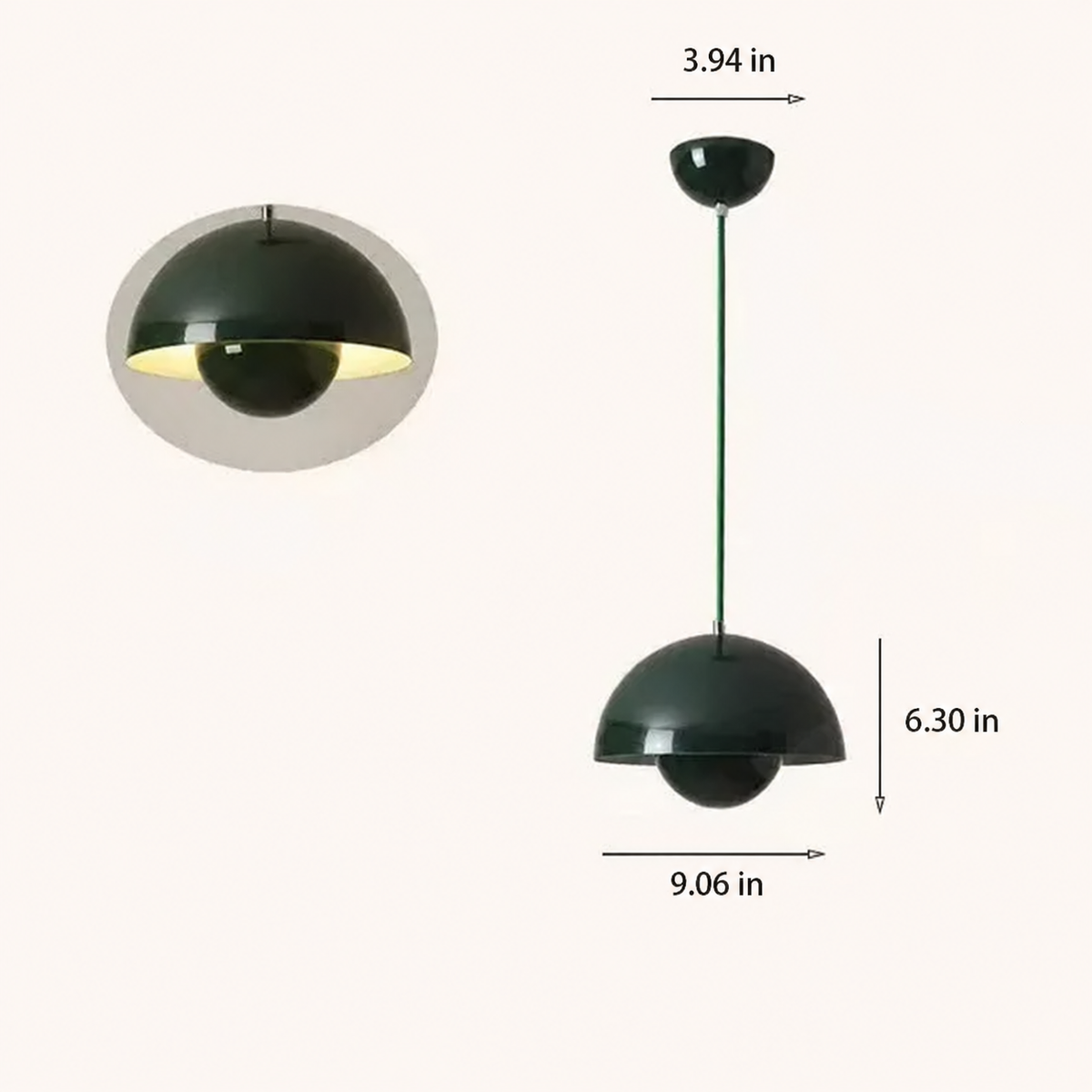 Nola green mushroom pendant light with shade 9.06 inches wide and 6.30 inches high and canopy 3.94 inches wide