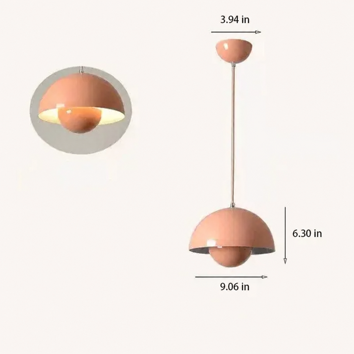 Nola pink mushroom pendant light with shade 9.06 inches wide and 6.30 inches high and canopy 3.94 inches wide