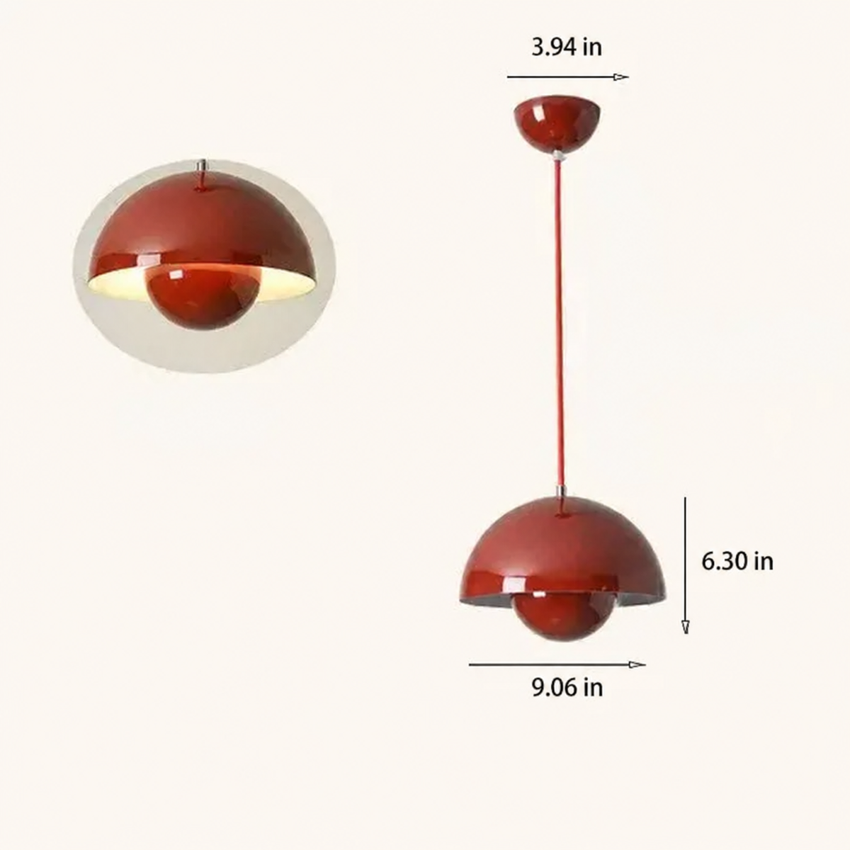 Nola red mushroom pendant light with shade 9.06 inches wide and 6.30 inches high and canopy 3.94 inches wide