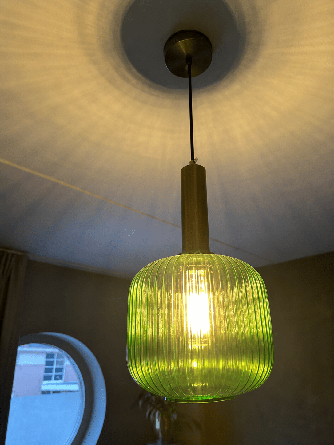 Green Ribbed Glass Pendant Chandelier Brass Finish Round Dome Shade Ceiling Light