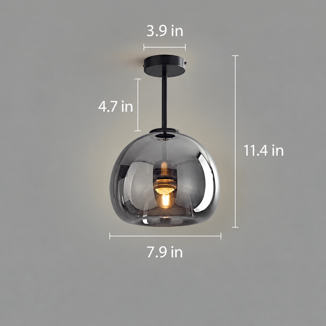 Black Semi Flush Ceiling Light Smoked Glass Globe Shade Dimmable Hallway Fixture