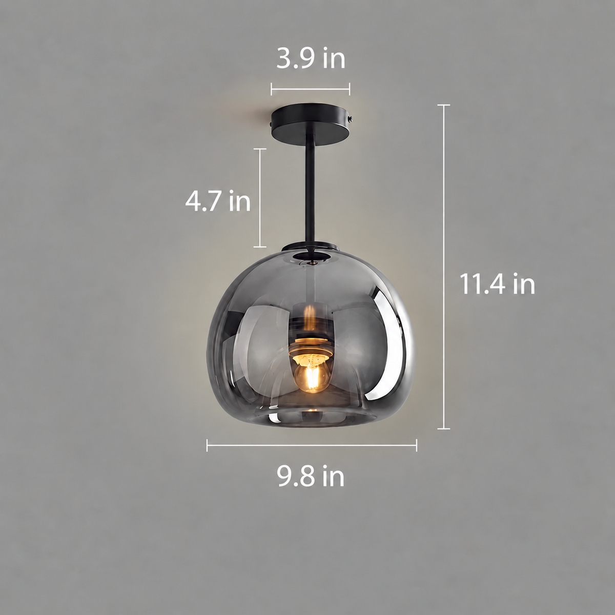 Oren smoke glass ceiling light dimensions: 9.8-inch diameter, 11.4-inch height and 3.9-inch canopy