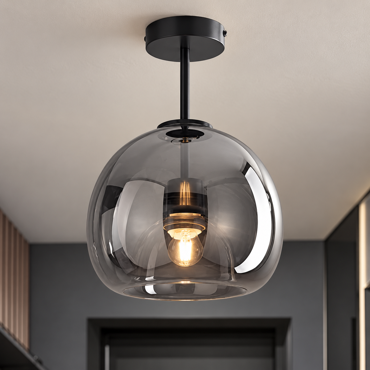 Close view of the Oren rounded smoke-gray glass shade, visible bulb and black metal stem
