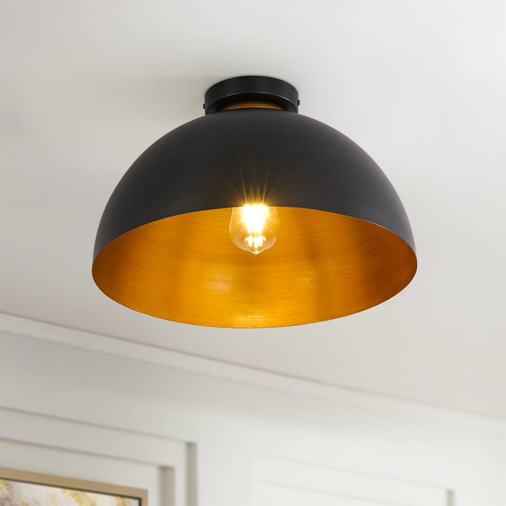 Black and Gold Ceiling Light Dome Shade Flush Mount 1-Light Indoor Fixture