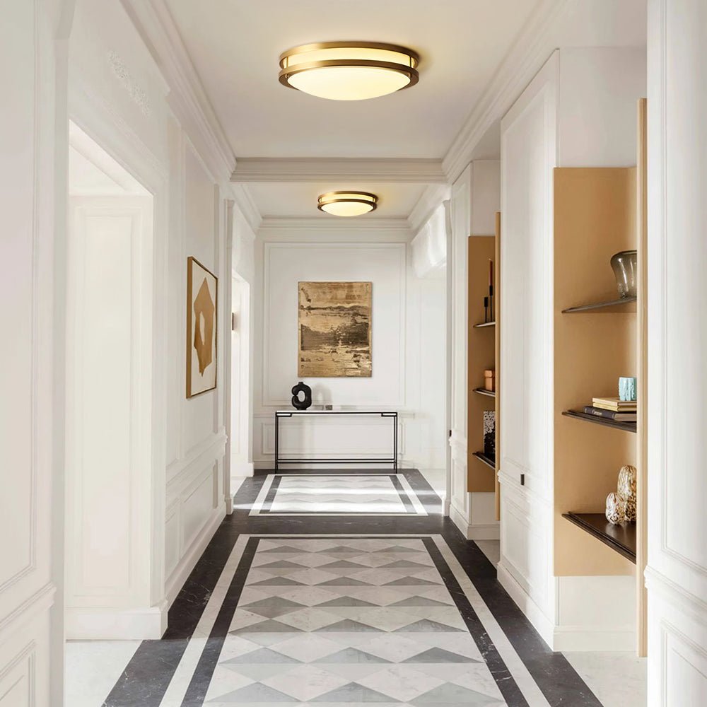 Brass Ceiling Light Round Double Ring White Glass Bowl Flush Mount Hallway Fixture