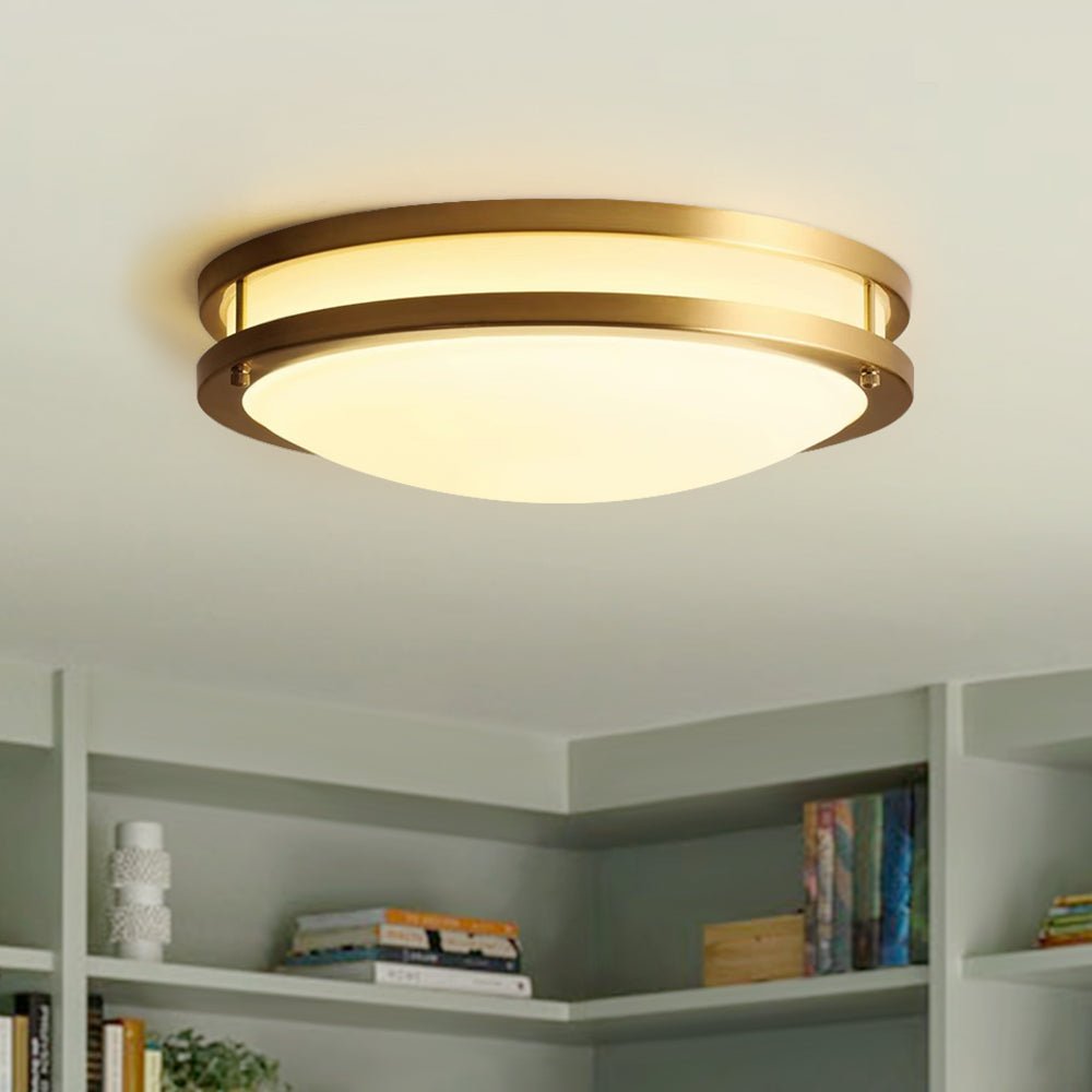 Brass Ceiling Light Round Double Ring White Glass Bowl Flush Mount Hallway Fixture