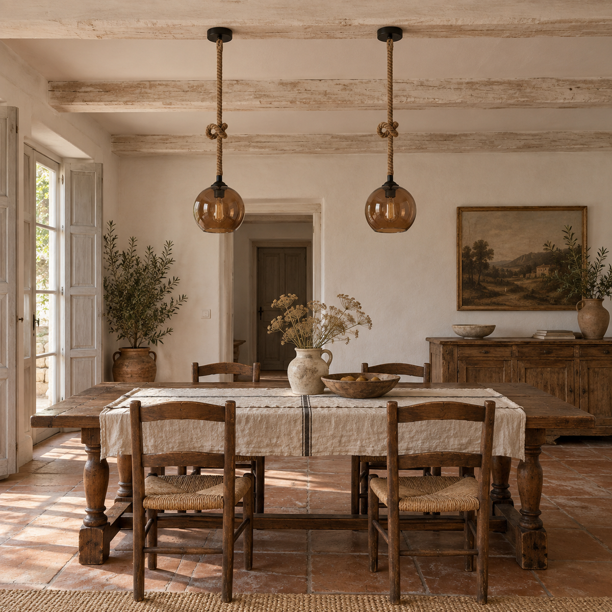Peniche hemp rope glass globe pendant light in amber, hung as a row of 2 in a dining room, above a dining table.