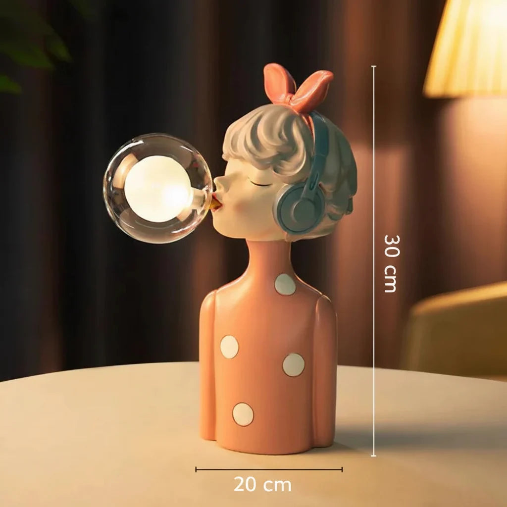 LED Lamp Girl Blowing Bubble Decorative Figurine Night Light Resin Home Desk Decor