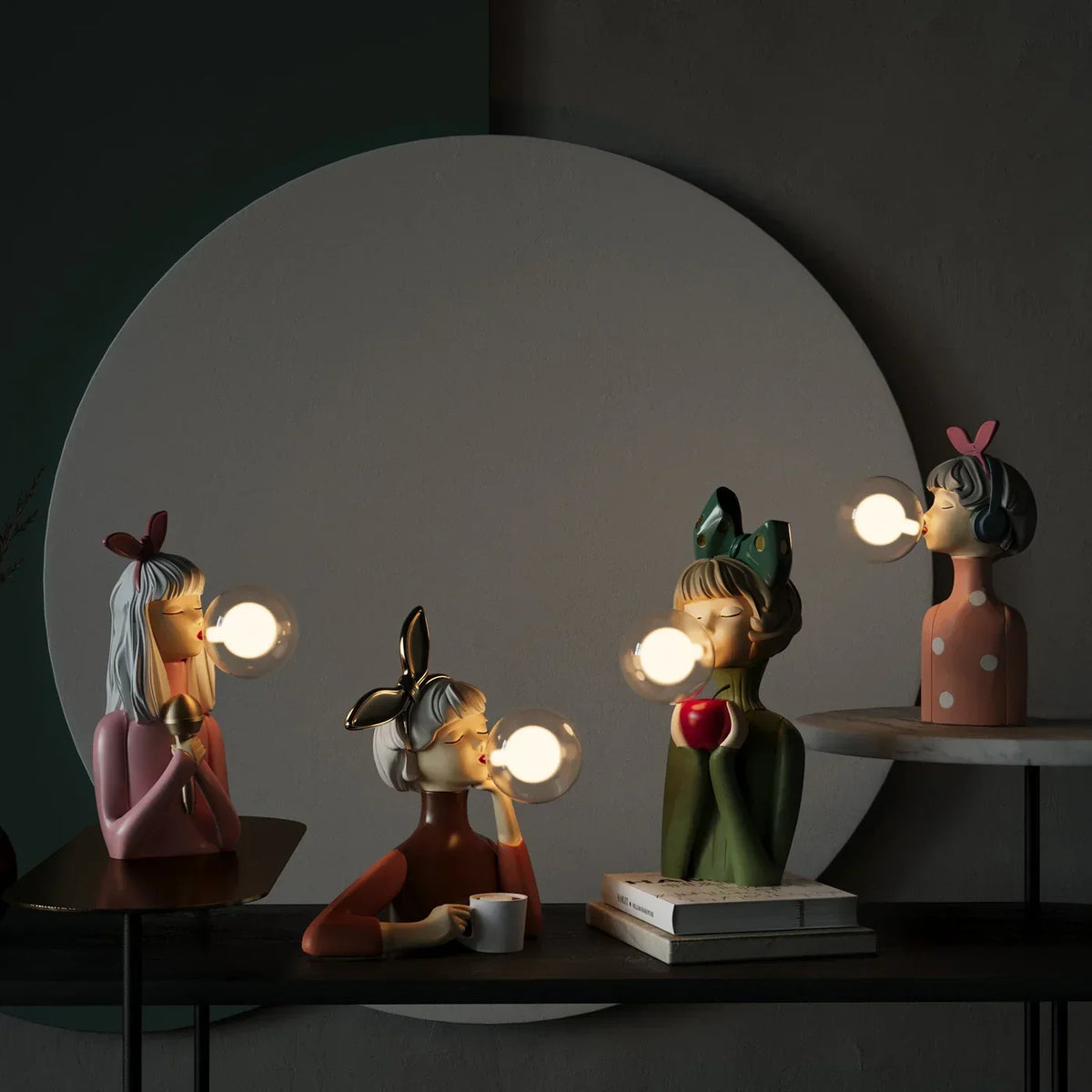 LED Lamp Girl Blowing Bubble Decorative Figurine Night Light Resin Home Desk Decor