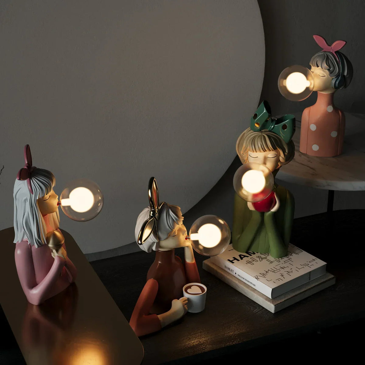 LED Lamp Girl Blowing Bubble Decorative Figurine Night Light Resin Home Desk Decor