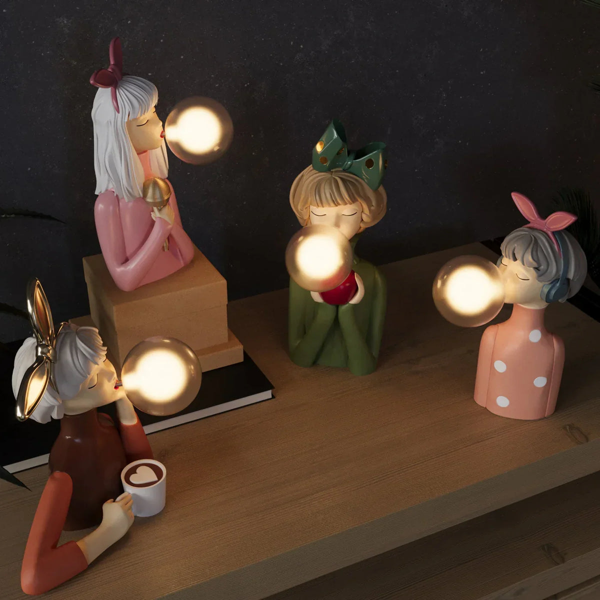 LED Lamp Girl Blowing Bubble Decorative Figurine Night Light Resin Home Desk Decor