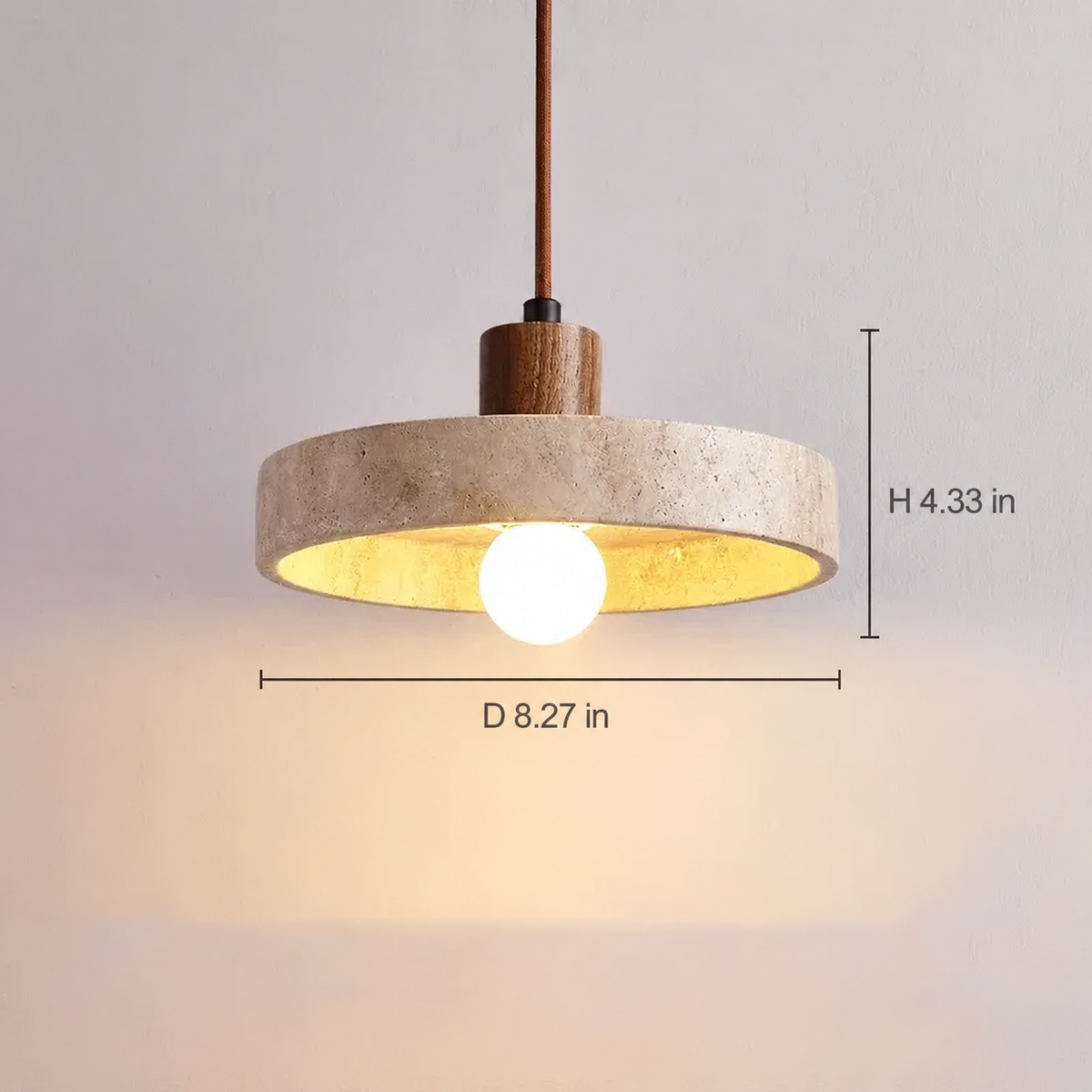 Runa travertine disc pendant light dimensions: 8.27 inches wide and 4.33 inches high