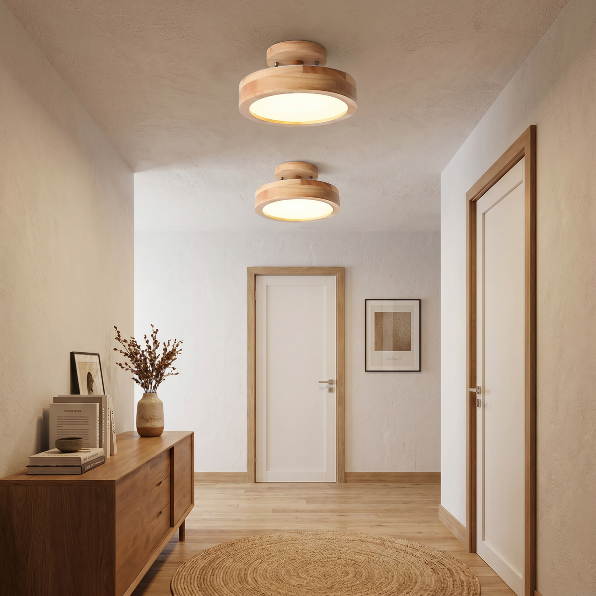 LED Semi Flush Ceiling Lights Round Wood Drum Shade Dimmable Hallway Bedroom