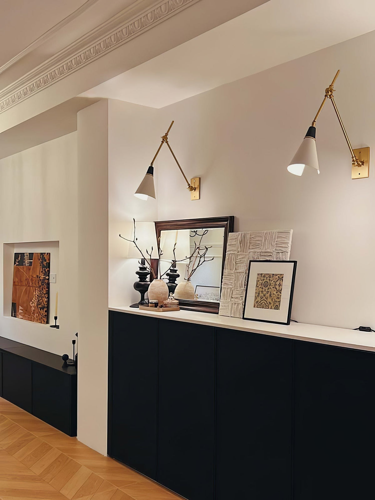 Side angle view of wall-mounted sconce with shade positioning