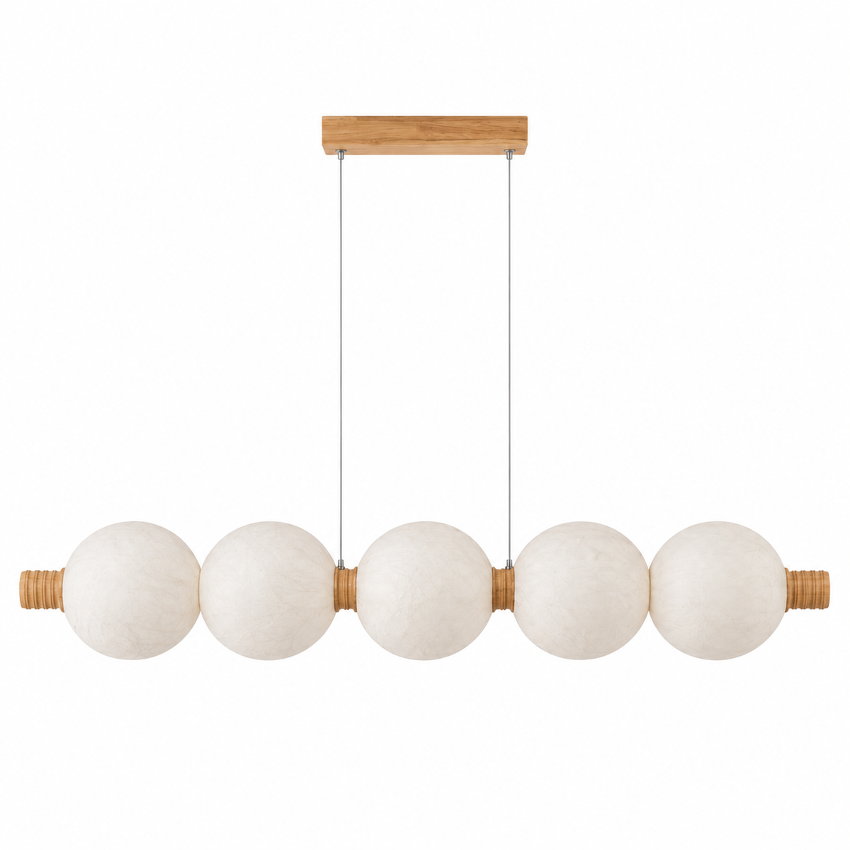 5-globe horizontal natural mulberry silk pendant with light wood details, complete product on white