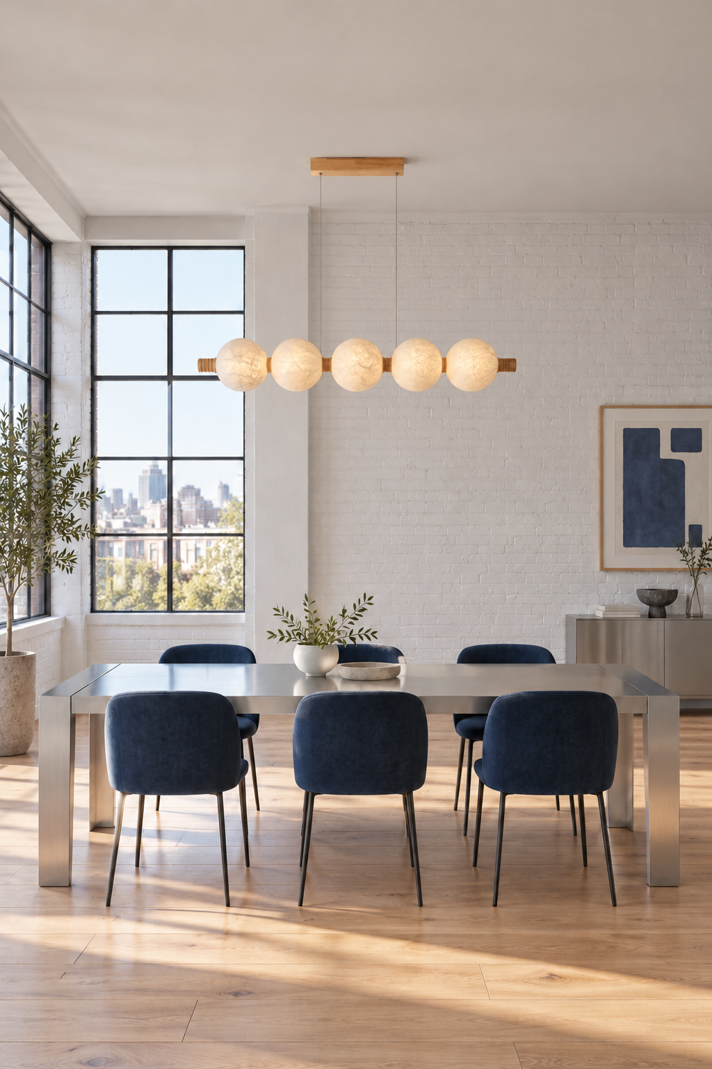 5-globe horizontal natural mulberry silk pendant with light wood details, loft on interior