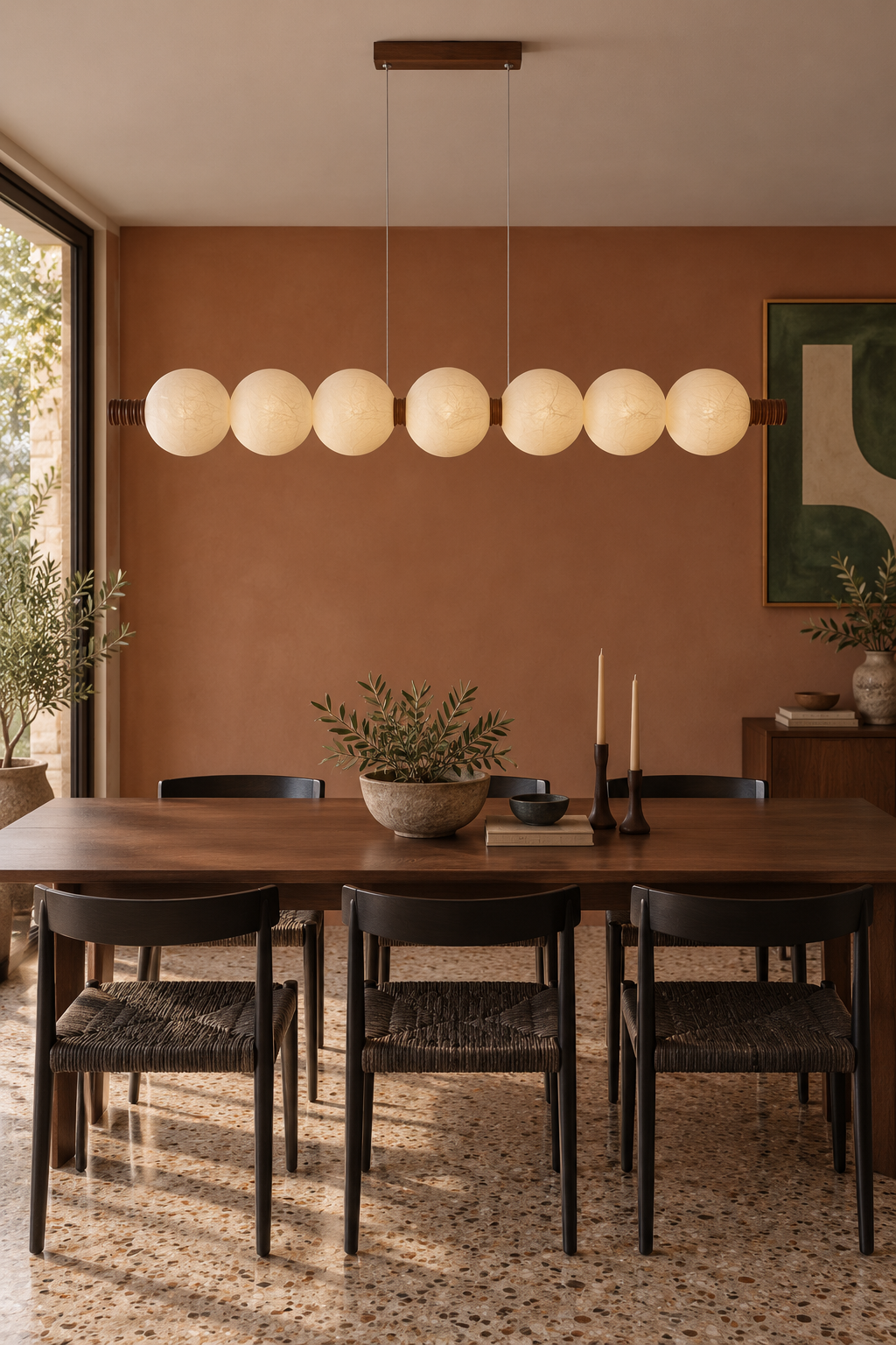 7-globe horizontal natural mulberry silk pendant with dark wood details, horizontal 7 dark dining interior
