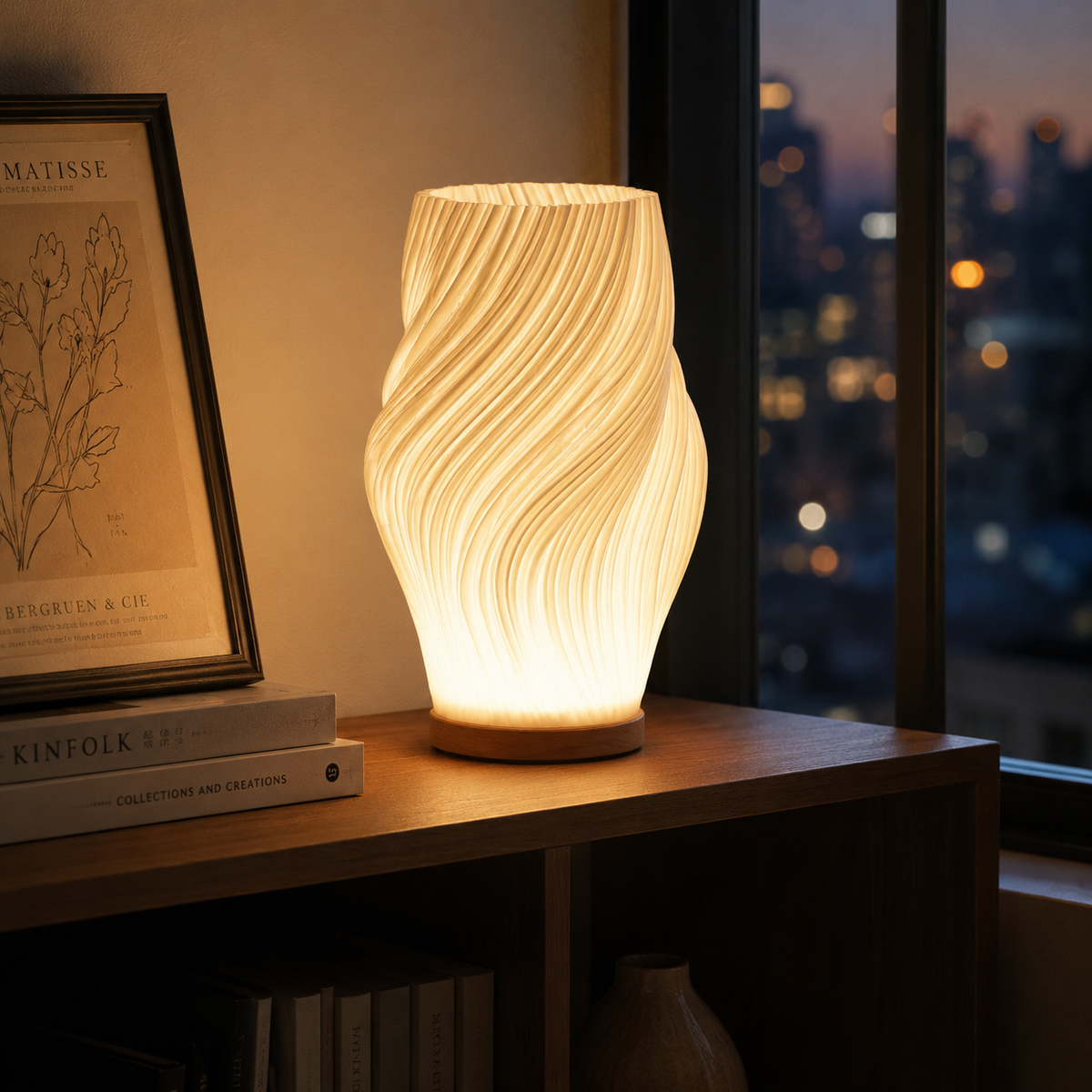 Modern Table Lamp Wave Twisted Design Wood Base Warm Ambient Glow Bedside Lighting