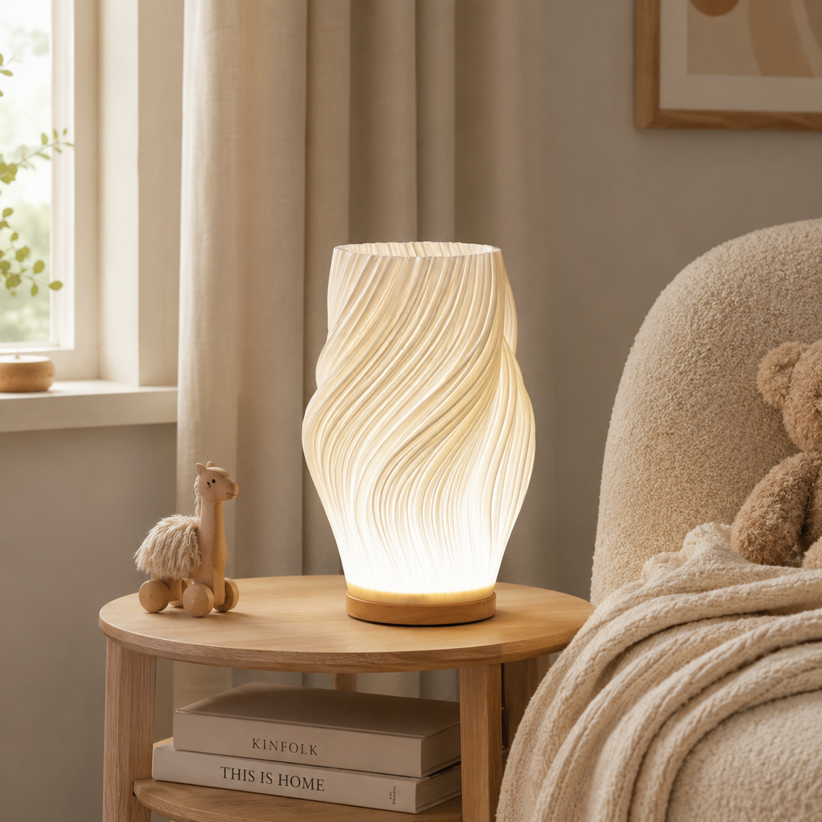Modern Table Lamp Wave Twisted Design Wood Base Warm Ambient Glow Bedside Lighting