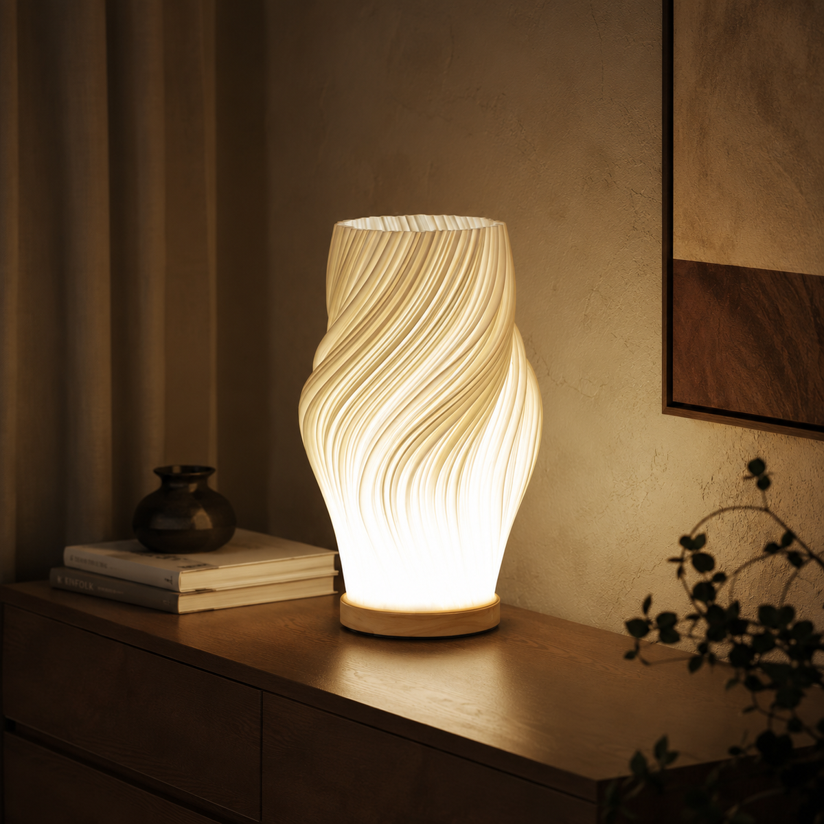 Modern Table Lamp Wave Twisted Design Wood Base Warm Ambient Glow Bedside Lighting