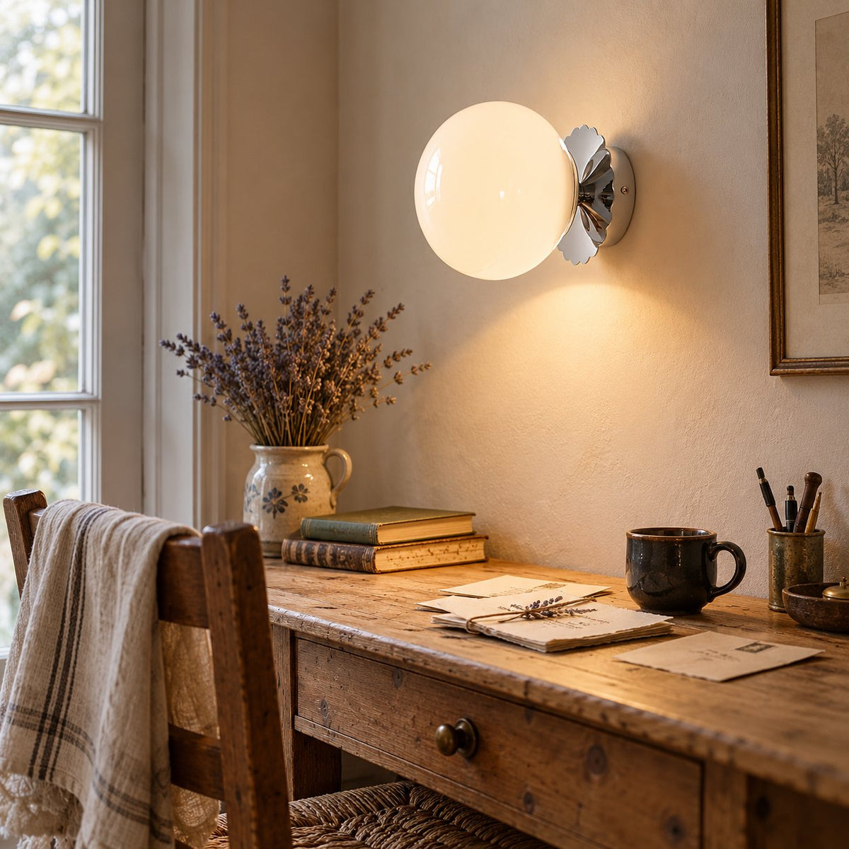 Tâmega convertible wall sconce in chrome with white glass, lit above a worn pine writing desk.