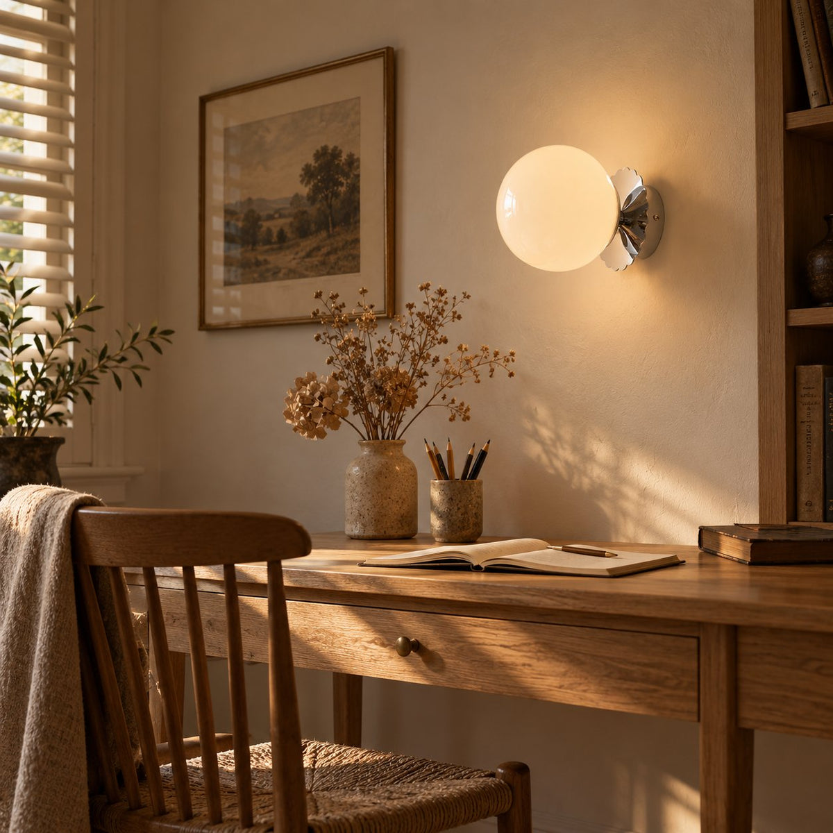 Tâmega convertible wall sconce in chrome with white glass above an oak writing desk.