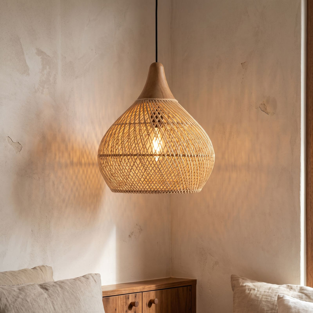 Teardrop Woven Rattan Pendant Light, close view from below