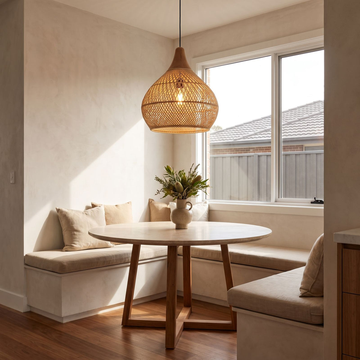 Teardrop Woven Rattan Pendant Light above a round table in a breakfast nook