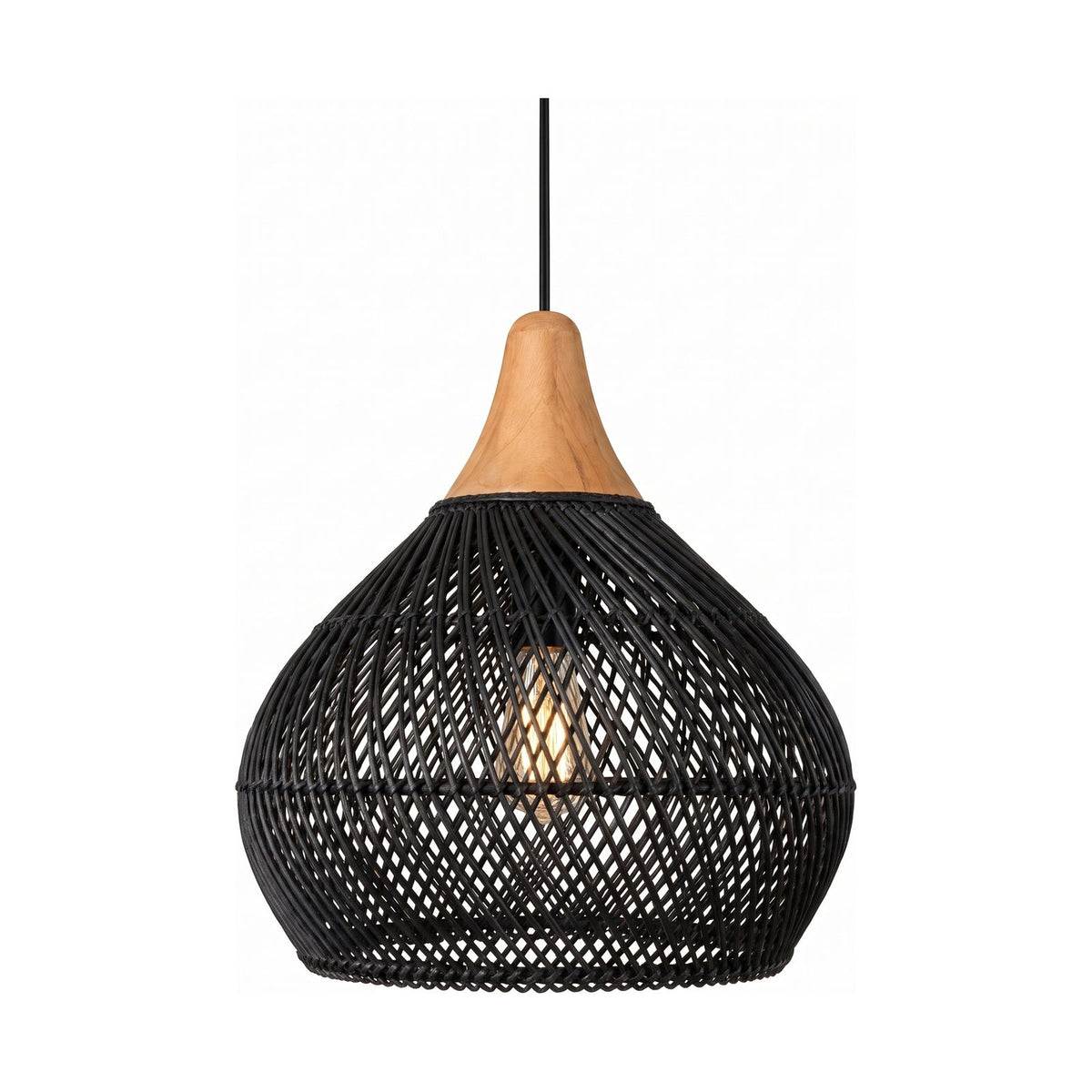 Teardrop Woven Rattan Pendant Light in black rattan on a white background