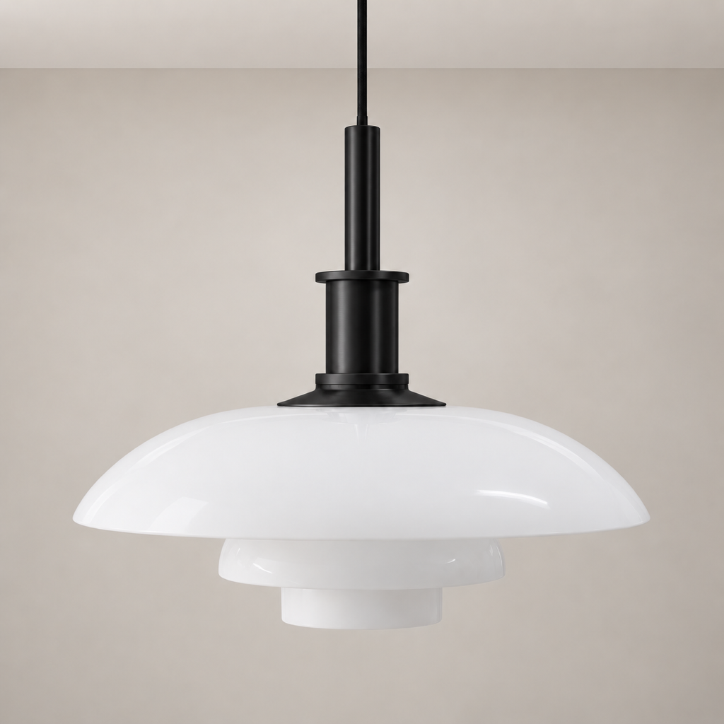 Three-Tier Opal Glass Pendant Light, large size with black hardware