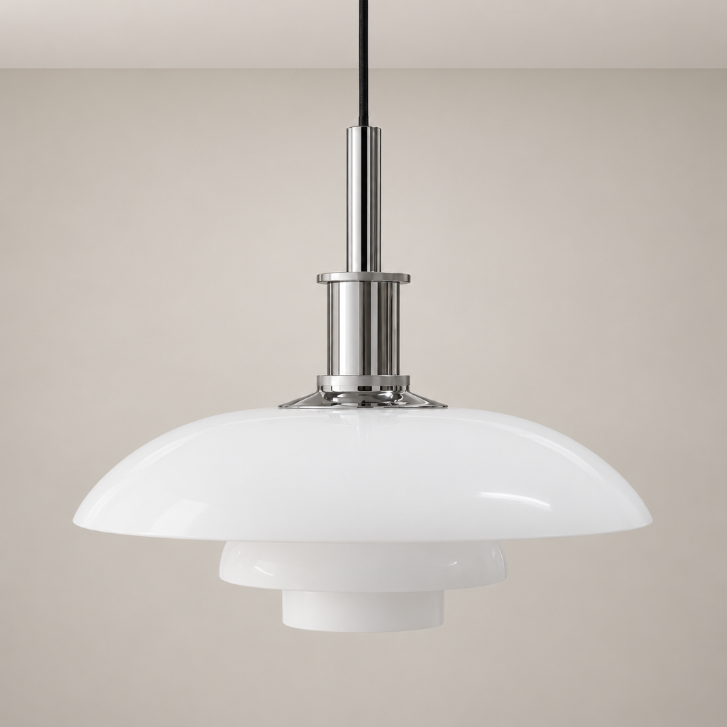 Three-Tier Opal Glass Pendant Light, large size with chrome hardware