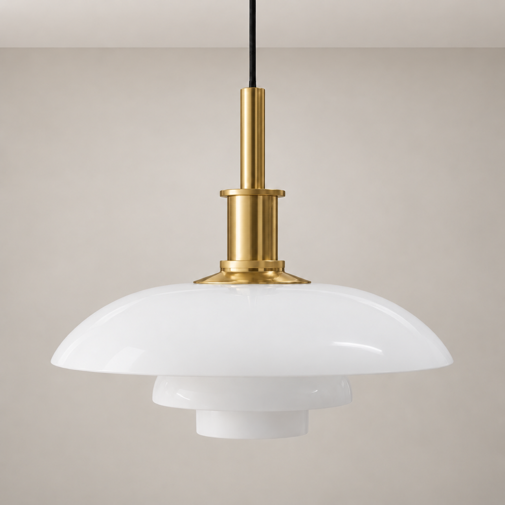 Three-Tier Opal Glass Pendant Light, large size with natural brass hardware
