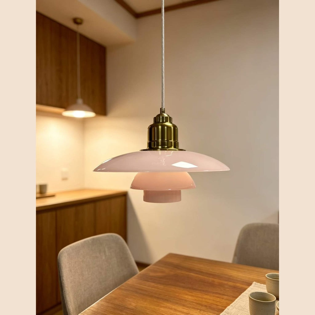 Three-Tier Opal Glass Pendant Light in pink glass with natural brass hardware