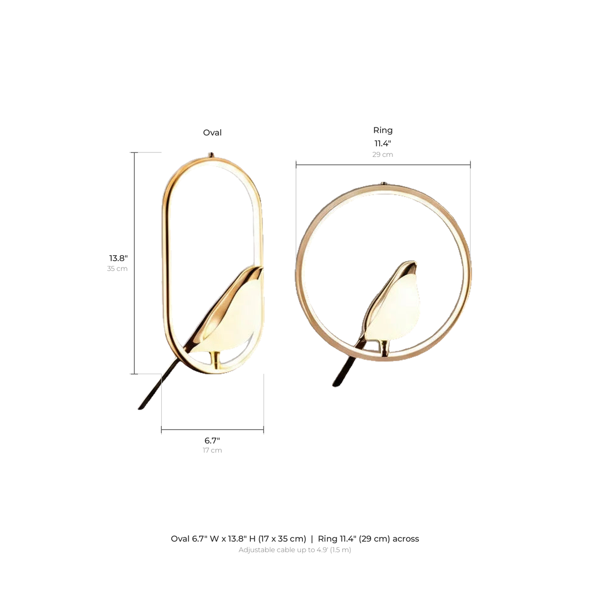 Tind bird pendant light dimensions: oval 6.7 by 13.8 inches, ring 11.4 inches across