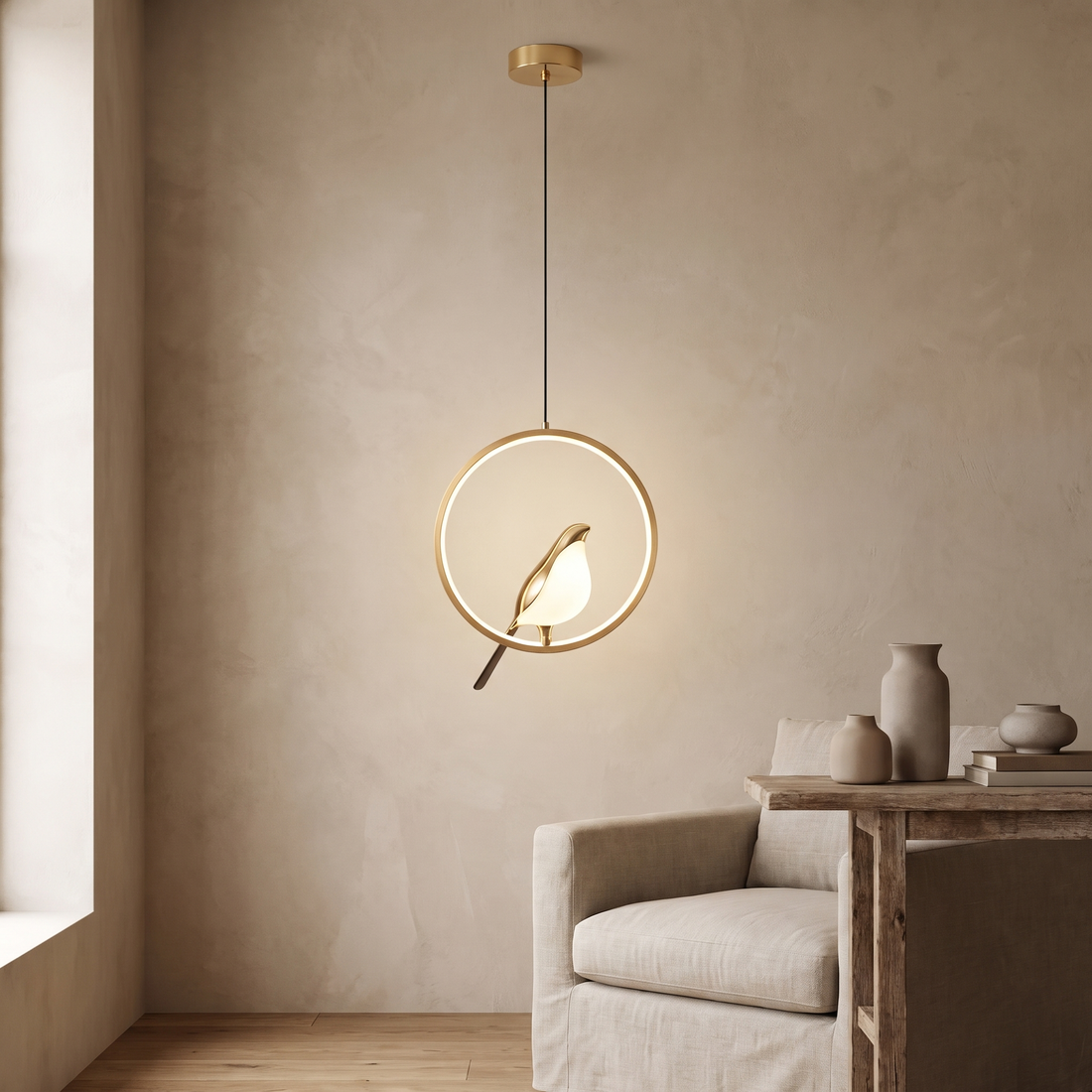 Bird Pendant Light LED Oval Ring Gold Frame Hanging Ceiling Lamp Dining Bedroom